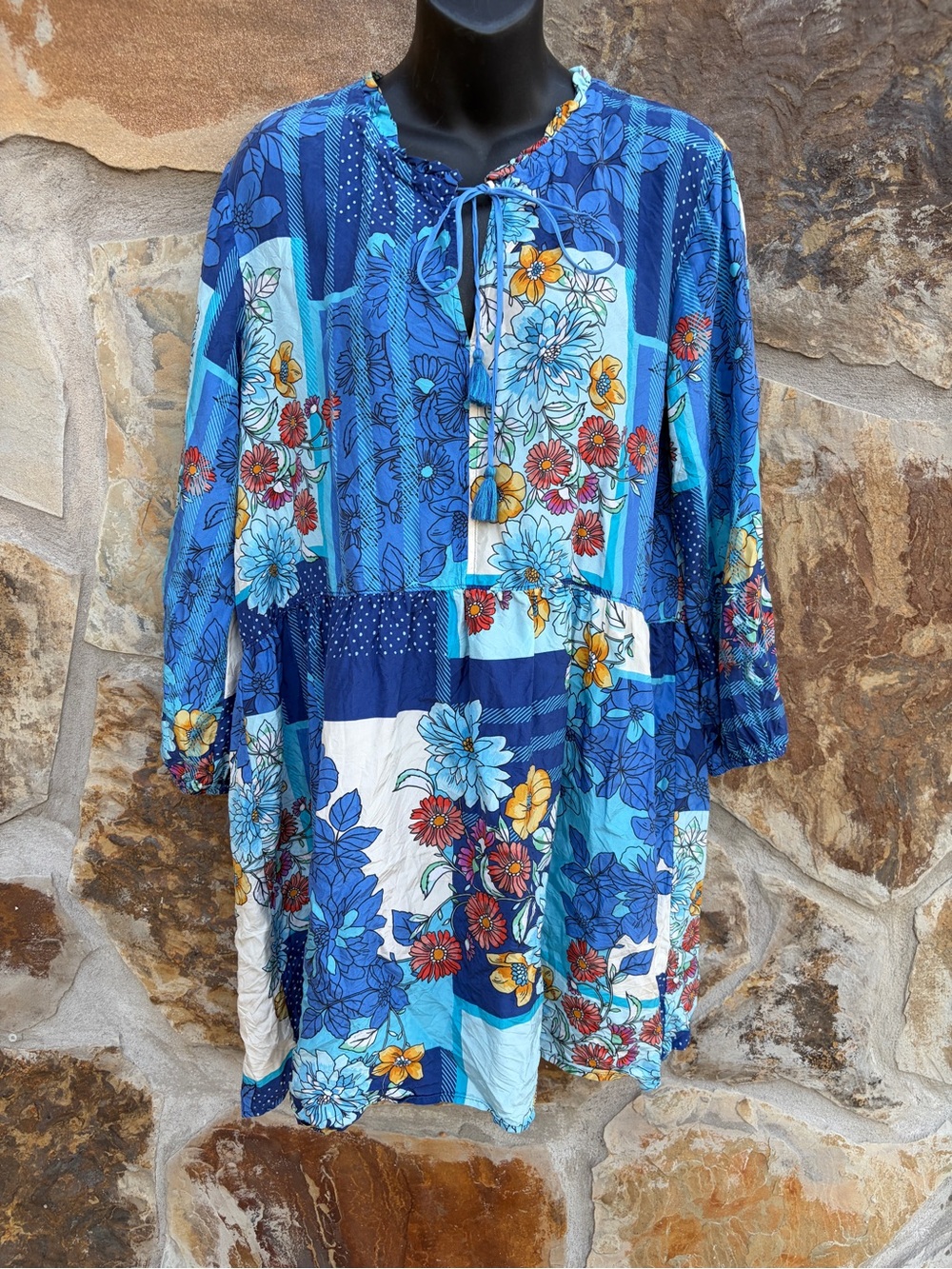 Johnny Was Workshop Josy Lynn Silk Tunic Dress Patchwork BoHo Floral Beach Large